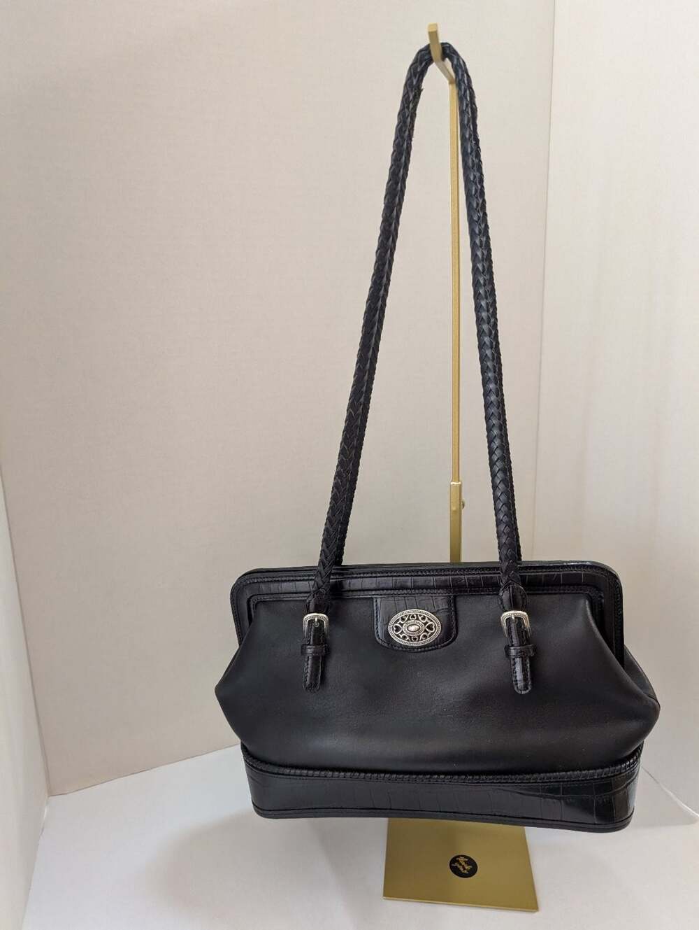 Brighton Black Leather Croc Embossed Doctor Bag Satchel Braided Handles Handbag